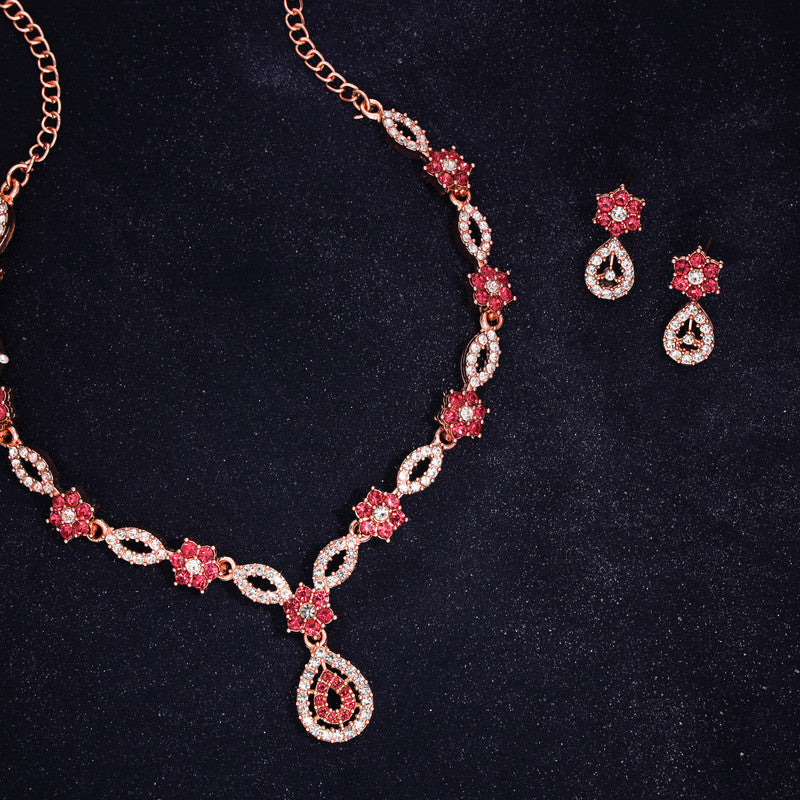 Tehzeeb Creations Elegant Rose Gold Polished American Diamond (Ad) Studded Necklace And Earring Set For Women