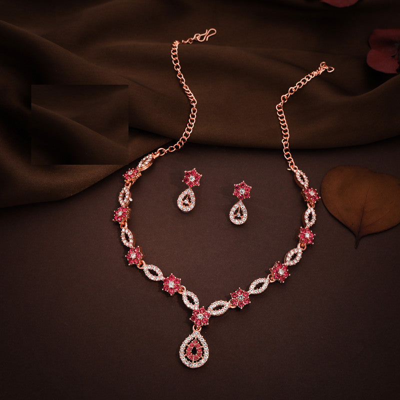 Tehzeeb Creations Elegant Rose Gold Polished American Diamond (Ad) Studded Necklace And Earring Set For Women
