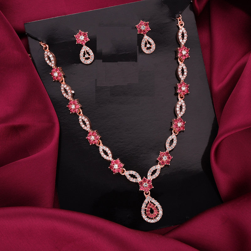 Tehzeeb Creations Elegant Rose Gold Polished American Diamond (Ad) Studded Necklace And Earring Set For Women