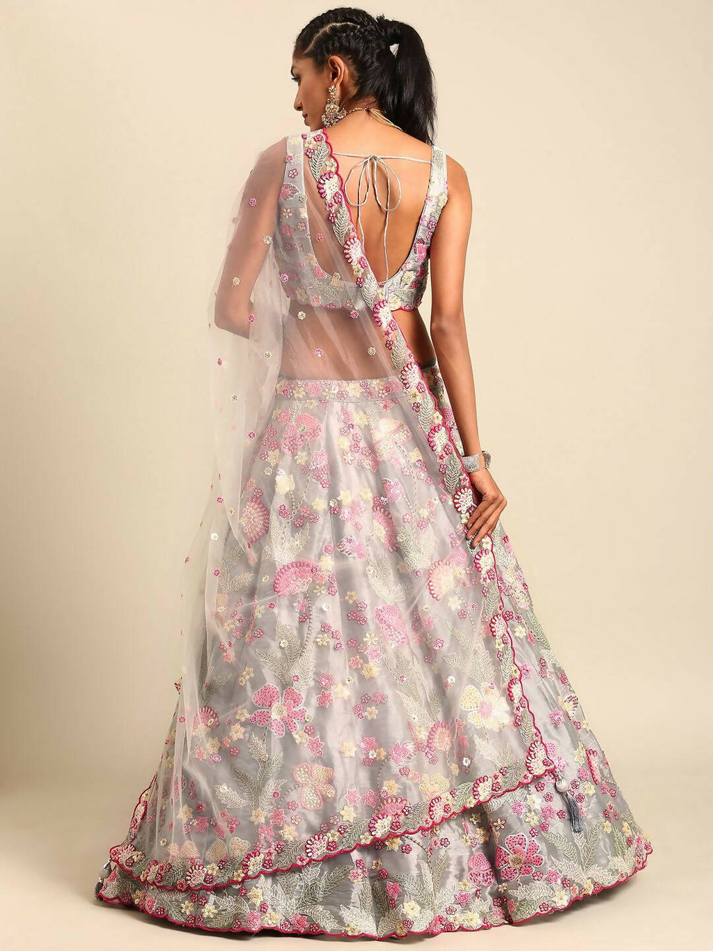 House of Panchhi Grey Organza Sequins and Zarkan embroidery Lehenga choli & Dupatta