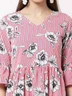 Myshka Women's Pink Poly Crepe Printed Bell Sleeve Round Neck Dress