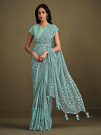 Light Blue Crepe Silk Sequence Embroidered With Texture Saree With Stitched Blouse - Mohmanthan La Belle