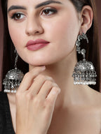 NVR Women's Silver Plated Pearl Beaded Oxidised Contemporary Jhumka Earrings - Distacart