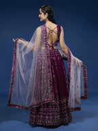 House of Panchhi Women Burgundy Pure Georgette Sequinse Embroidered Lehenga & Blouse, Dupatta