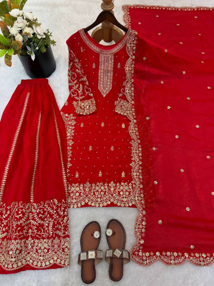 Teeya Creation Red Color Fendy Silk Embroidery Work Wedding Wear Salwar Suit - Distacart