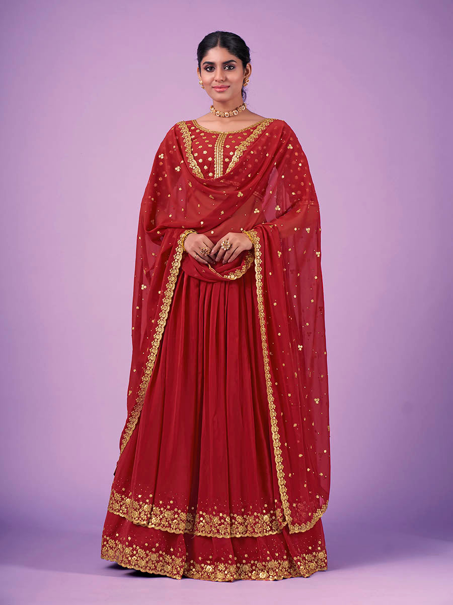 Myra Red Georgette Embroidered Designer Lehenga