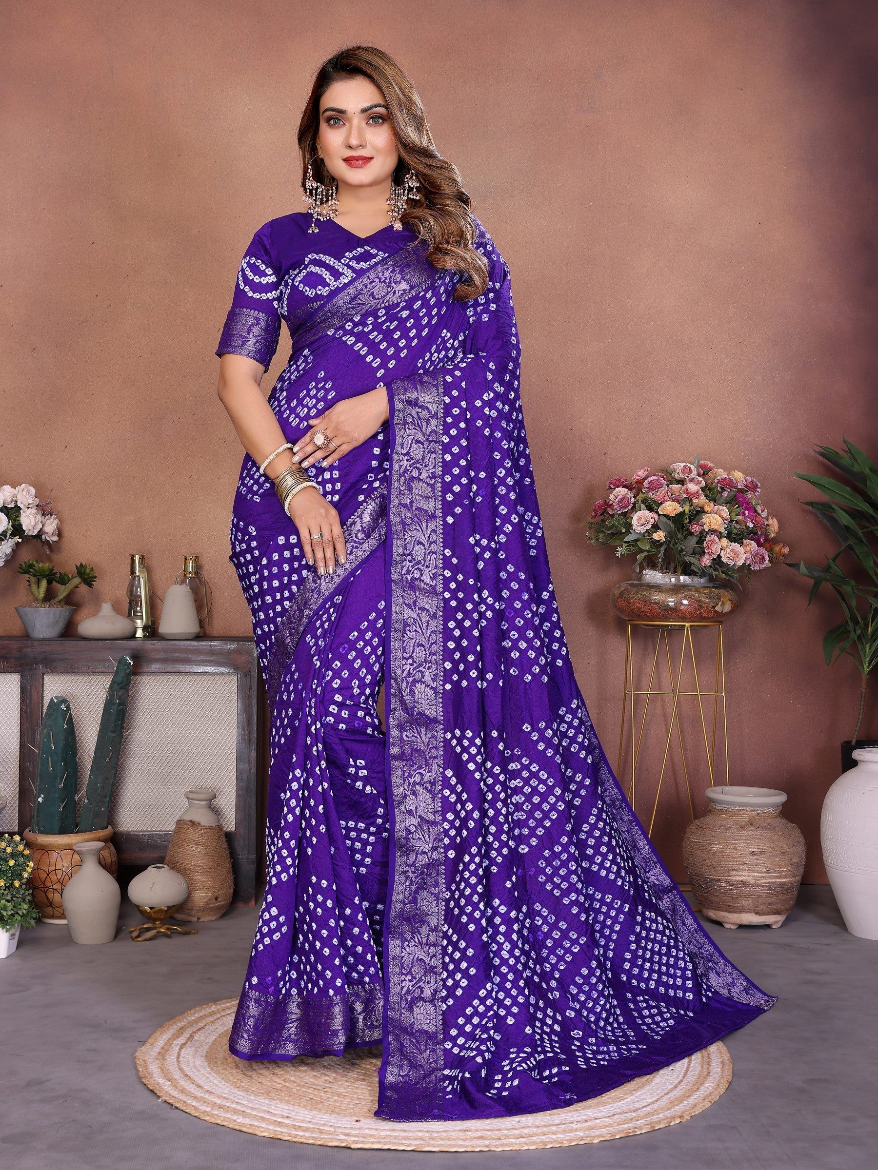 Anaita Blue Handmade Bandhej Viscose Silk Saree With Blouse - Distacart
