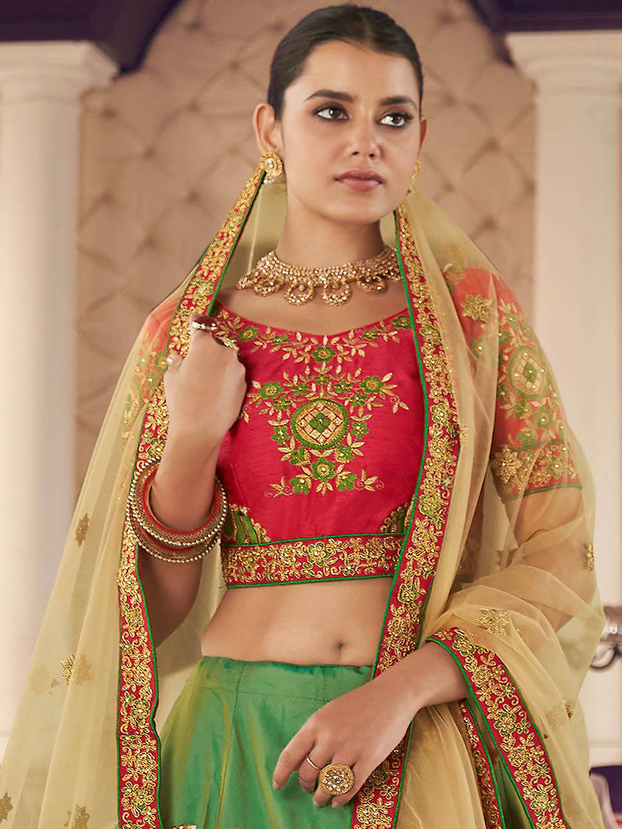 Myra Green Art Silk Jaquard Embroidered Lehenga
