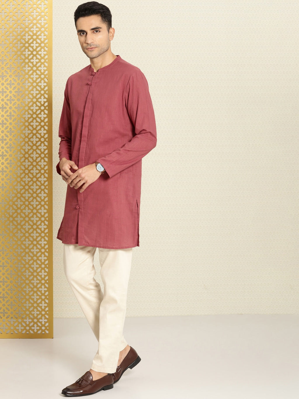 House of Pataudi Men Pure Cotton Solid Straight Mandarin Collar Rozana Kurta