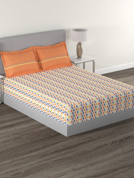 MYTRIDENT Orange White Geometric Cotton 144 TC Queen Bedsheet With 2 Pillow Covers