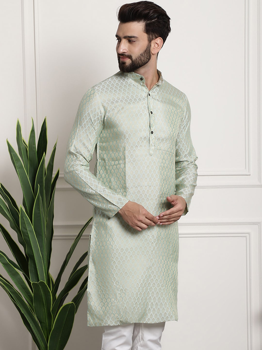 Sojanya Men Green & Beige Ethnic Motifs Jacquard Woven Design Straight Kurta