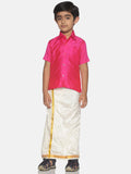 Sethukrishna Boys Pink & Cream-Coloured Solid Shirt and Veshti Set