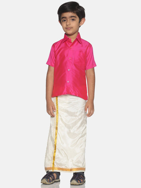 Sethukrishna Boys Pink & Cream-Coloured Solid Shirt and Veshti Set