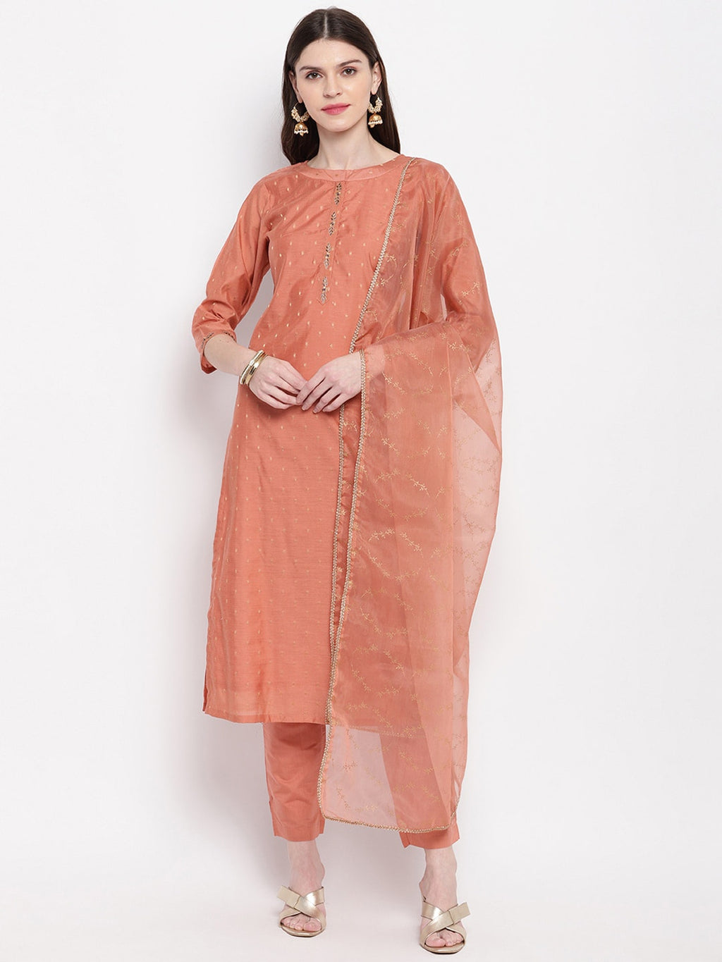 Janasya Peach-Coloured Self Design Kurta with Trousers & Dupatta - Distacart