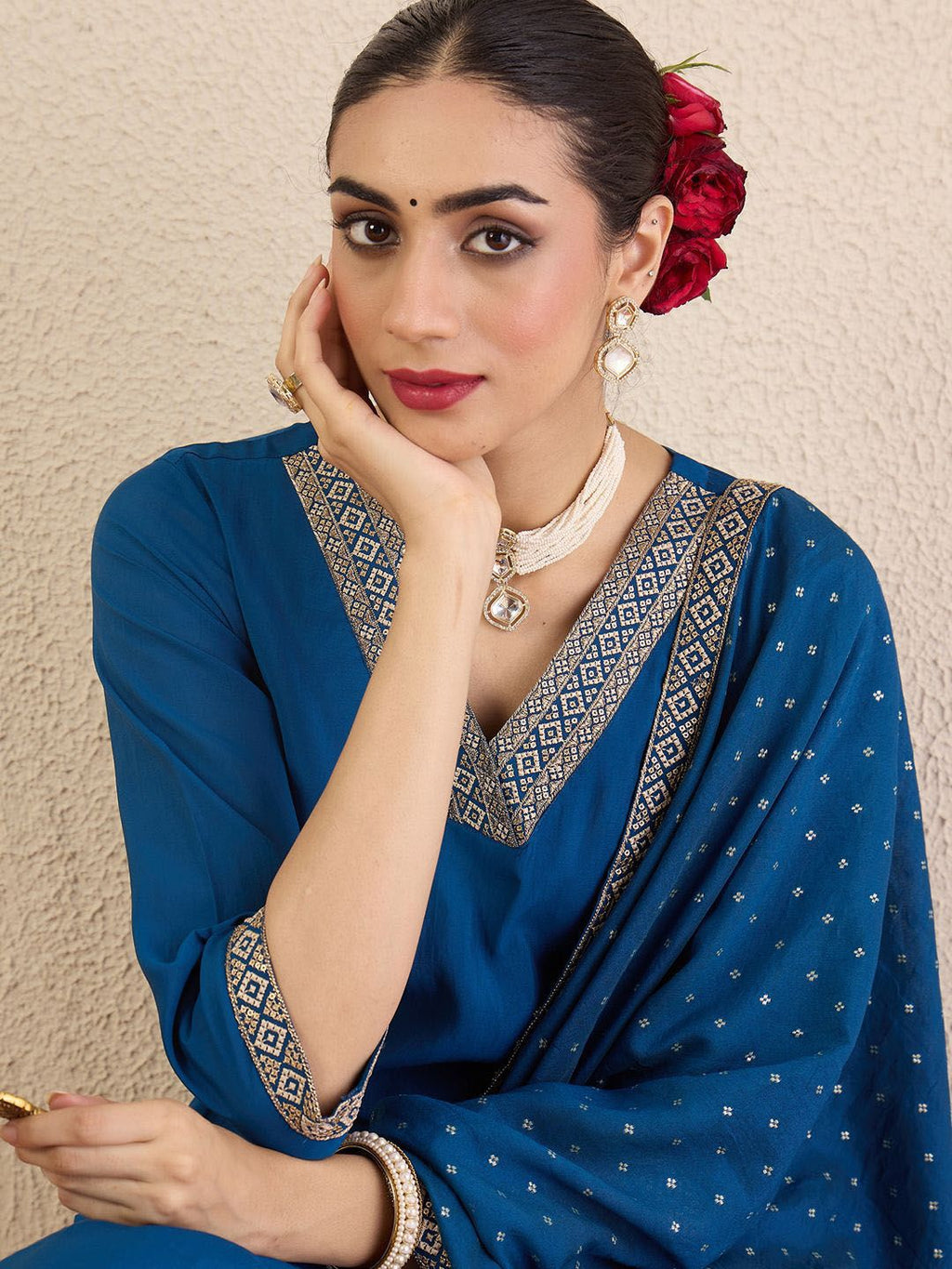 Indo Era Ethnic Motifs Embroidered Regular V-Neck Straight Kurta With Trousers & Dupatta - Distacart