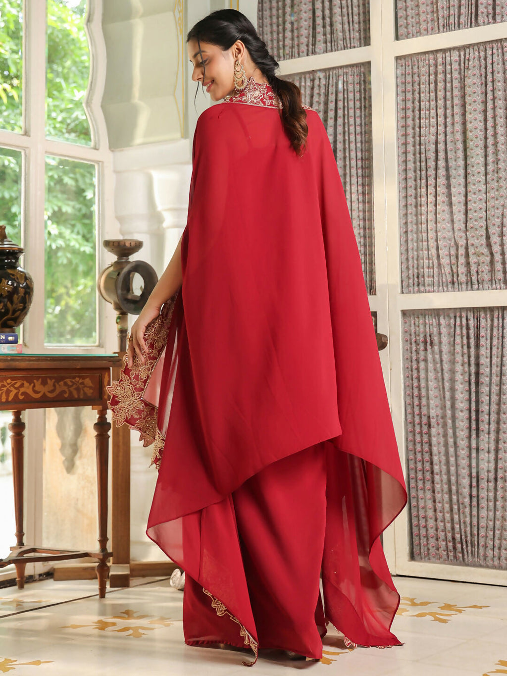 Janasya Maroon Georgette Solid Top Bottom Cape