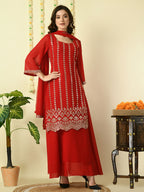 Myshka Women's Red Georgette Kurta & Skirt With Dupatta Party Sets