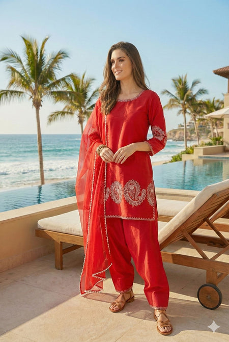 Anaita Red Crepe Stitched Suit With Sequence Embroidery Work