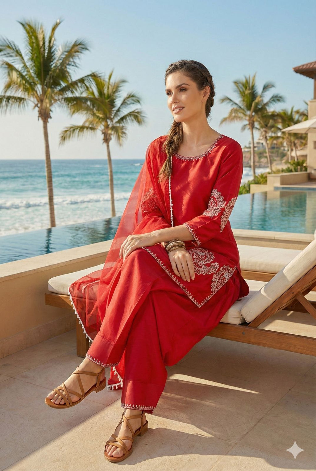 Anaita Red Crepe Stitched Suit With Sequence Embroidery Work - Distacart