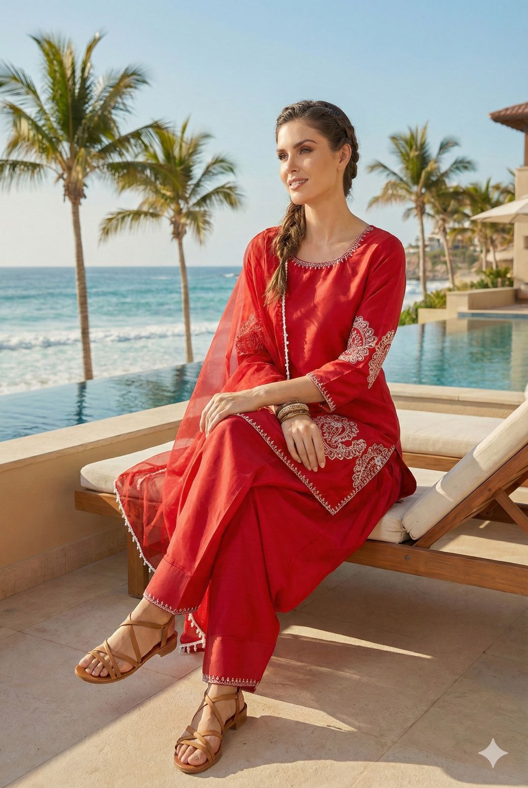 Anaita Red Crepe Stitched Suit With Sequence Embroidery Work - Distacart