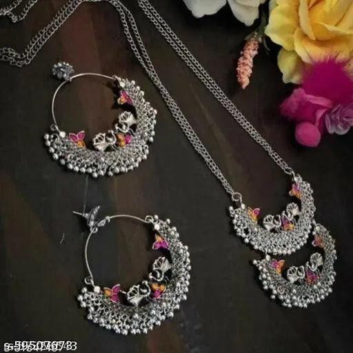 Tehzeeb Creations Women's Silver Colour Oxidised Necklace And Earrings With Peacock Design