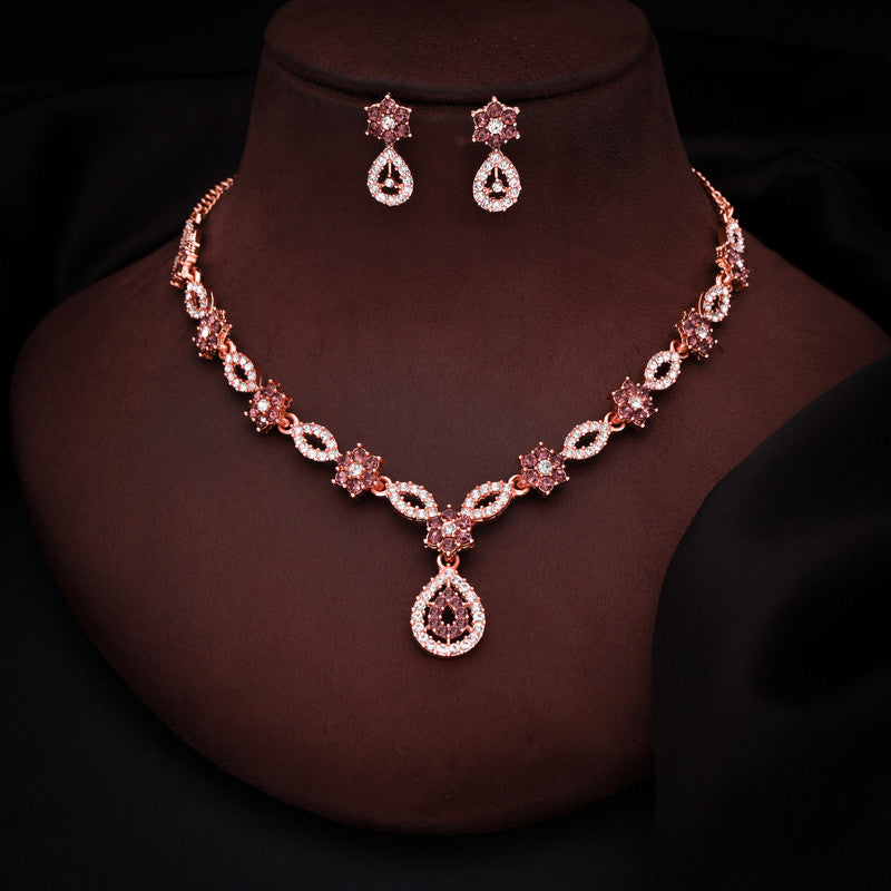 Tehzeeb Creations Elegant Rose Gold Polished American Diamond (Ad) Studded Necklace And Earring Set For Women