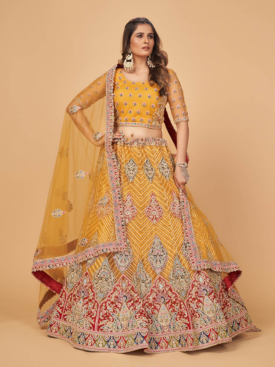 Myra Mustard Soft Net Heavy Embroidered Designer Lehenga - Distacart