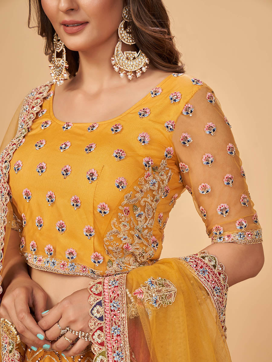 Myra Mustard Soft Net Heavy Embroidered Designer Lehenga - Distacart
