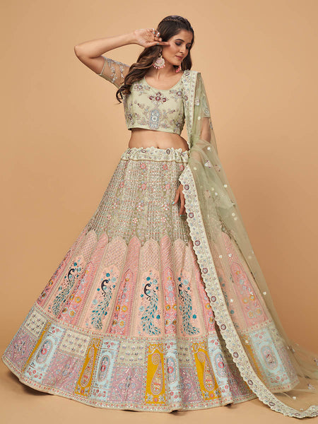 Myra Pista Green Soft Net Heavy Embroidered Designer Lehenga