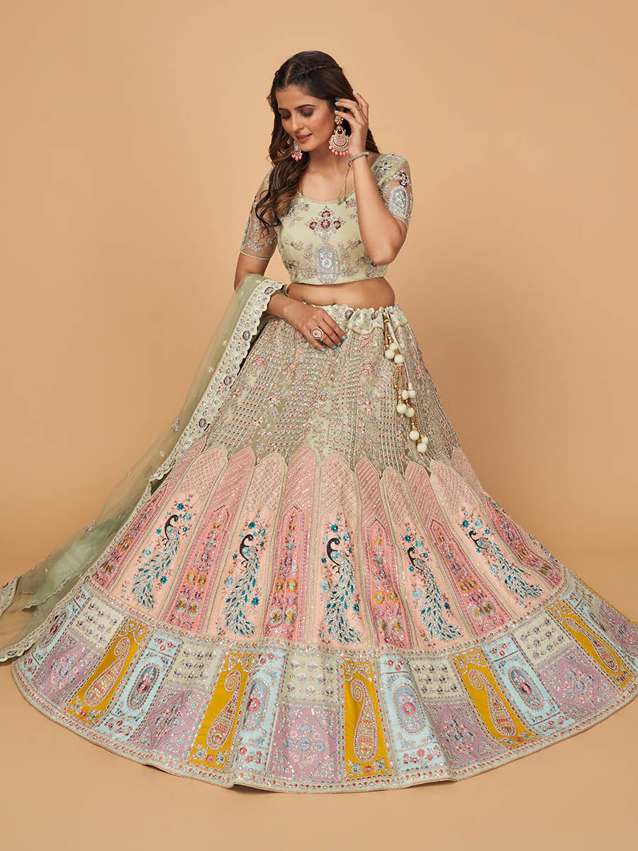 Myra Pista Green Soft Net Heavy Embroidered Designer Lehenga - Distacart