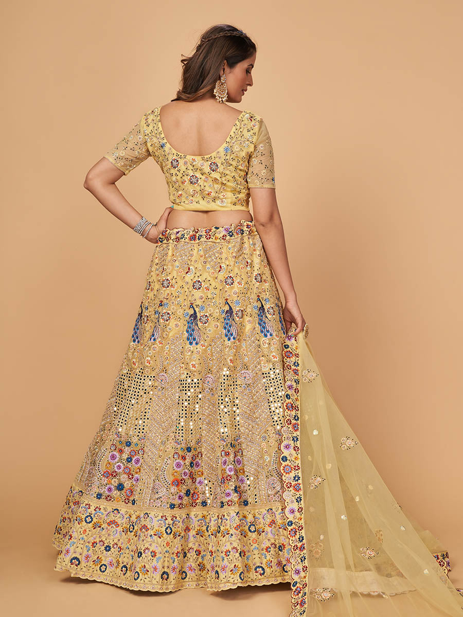 Myra Yellow Soft Net Heavy Embroidered Designer Lehenga - Distacart