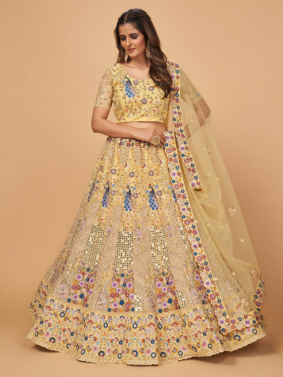 Myra Yellow Soft Net Heavy Embroidered Designer Lehenga - Distacart