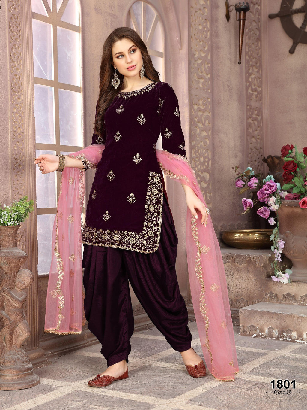Anaita Purple Embroidered Velvet Patiala Suit - Distacart