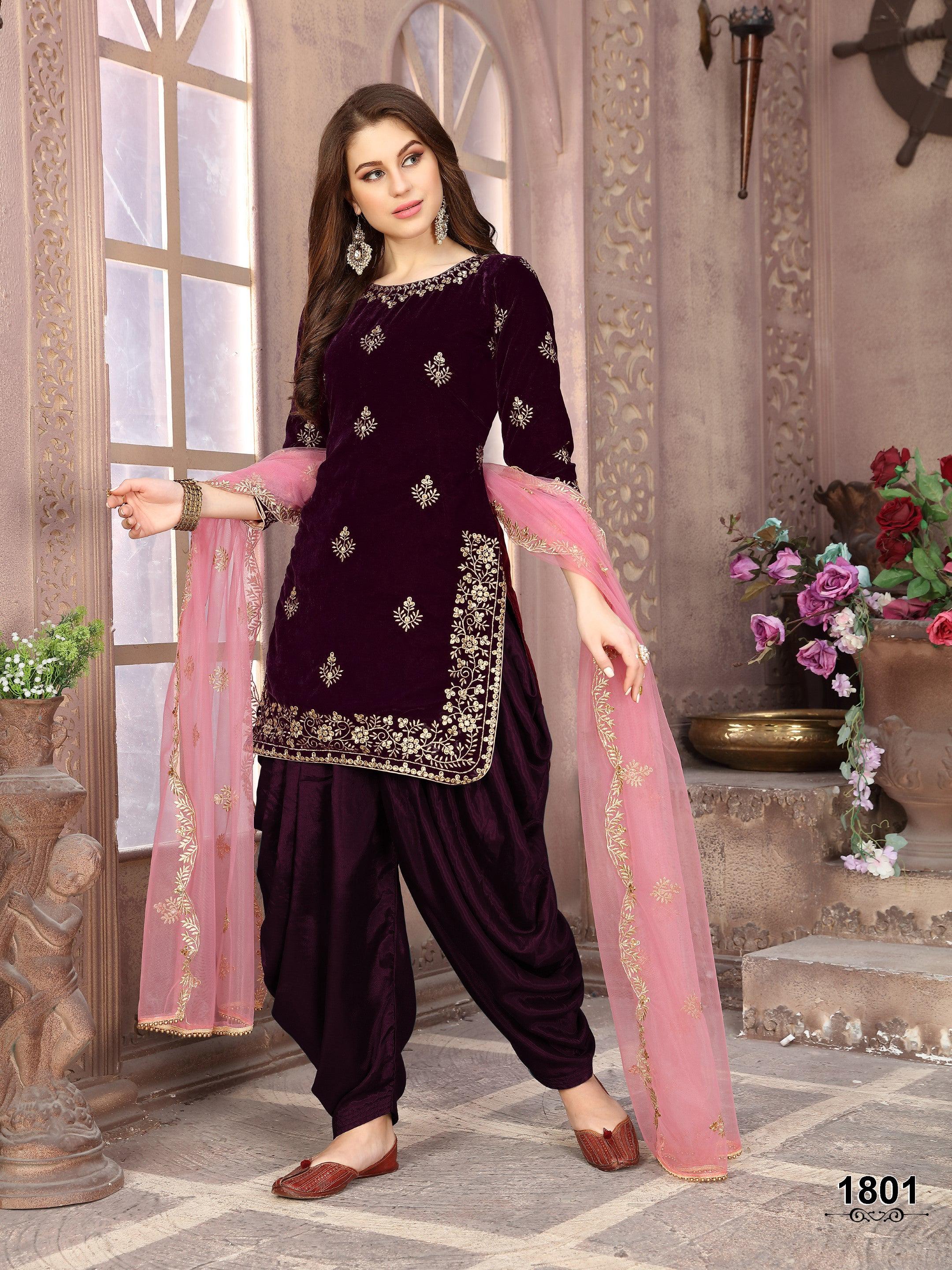 Anaita Purple Embroidered Velvet Patiala Suit - Distacart