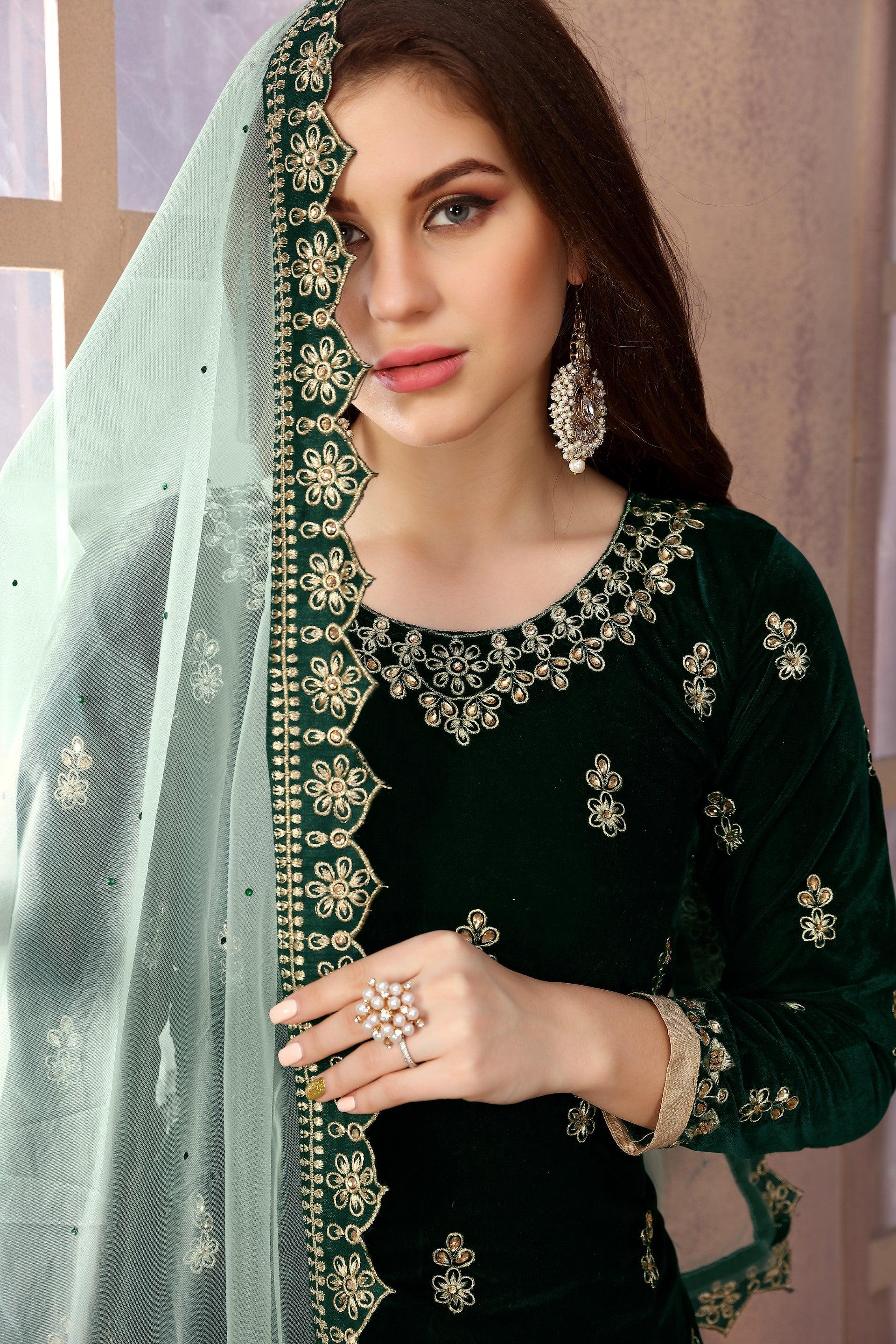 Anaita Green Embroidered Velvet Patiala Suit - Distacart