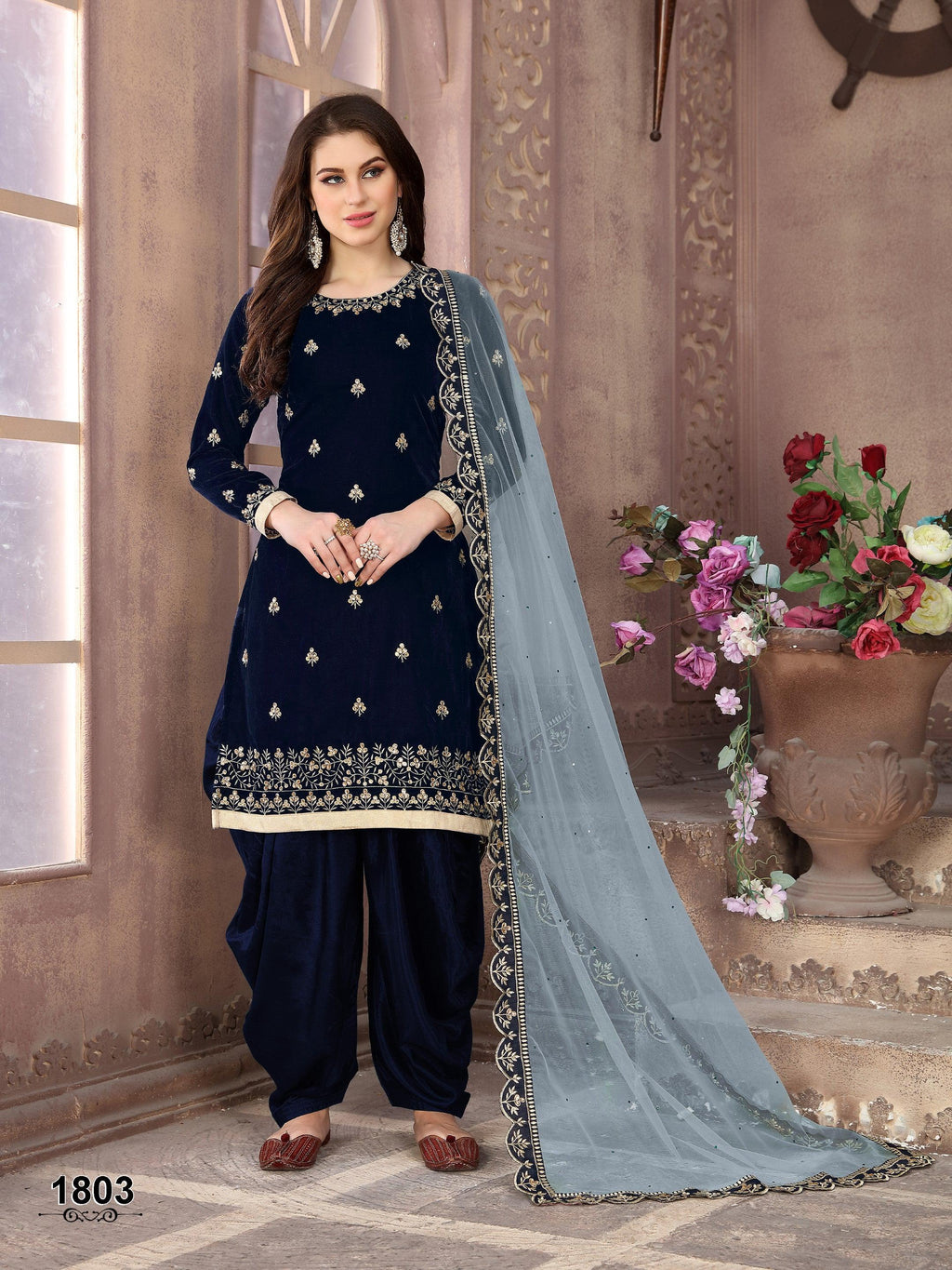 Anaita Navy Blue Embroidered Velvet Patiala Suit - Distacart
