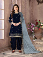 Anaita Navy Blue Embroidered Velvet Patiala Suit - Distacart