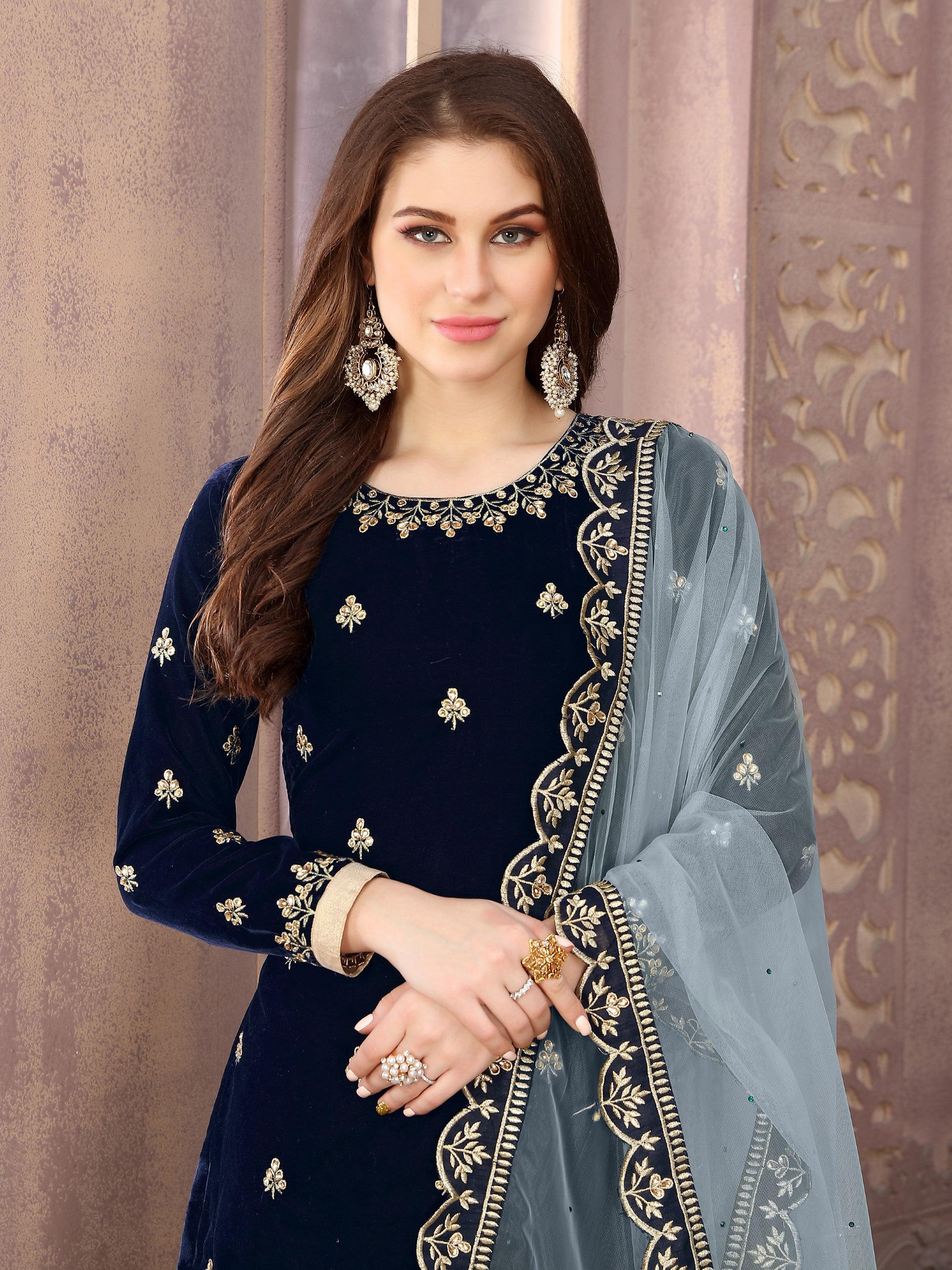 Anaita Navy Blue Embroidered Velvet Patiala Suit - Distacart