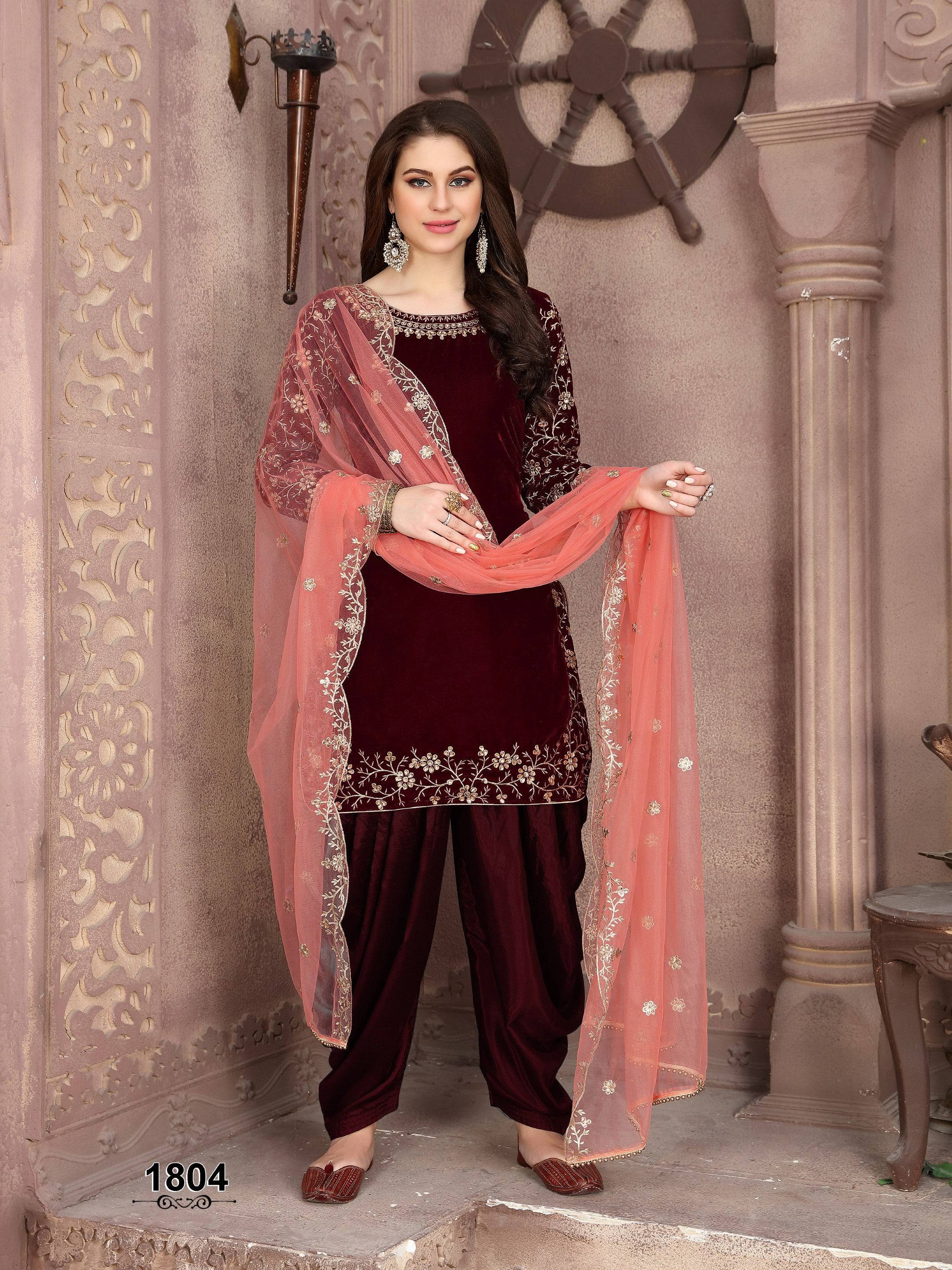 Anaita Maroon Embroidered Velvet Anarkali Suit - Distacart
