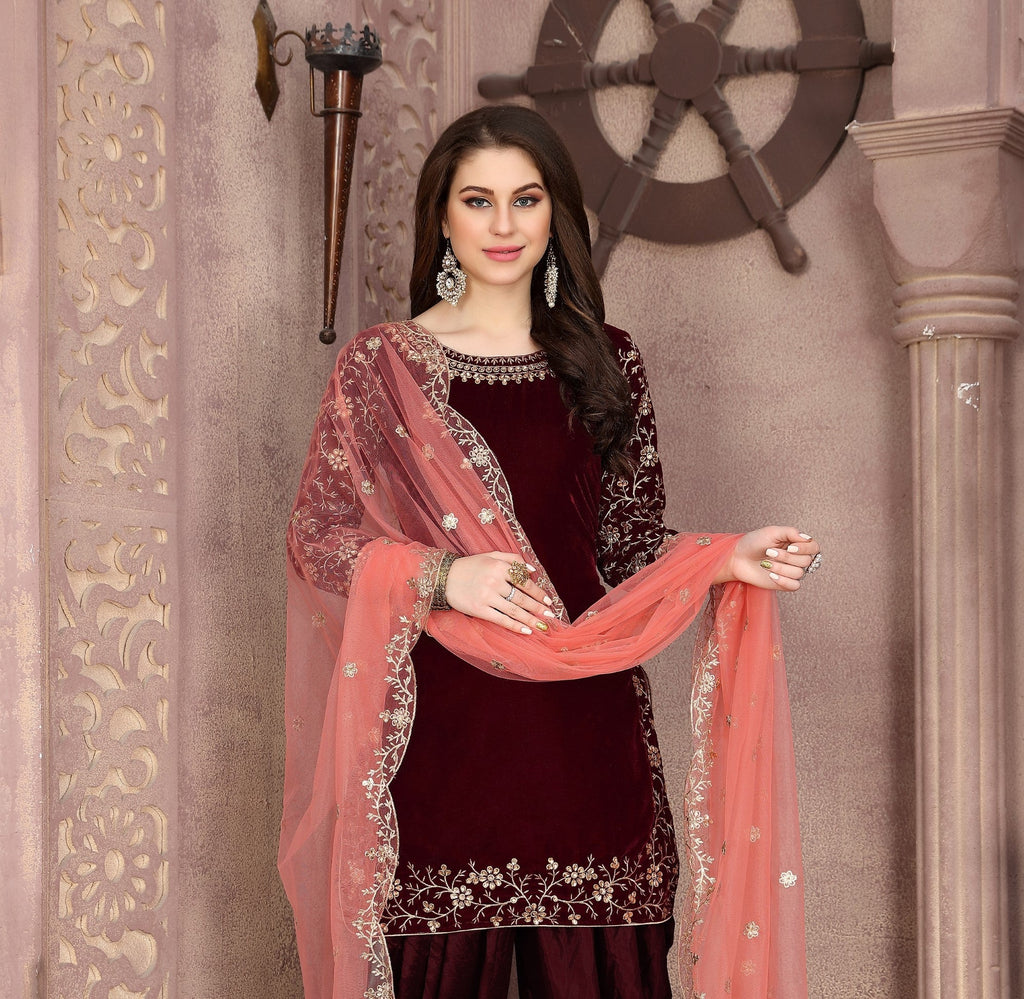 Anaita Maroon Embroidered Velvet Anarkali Suit - Distacart