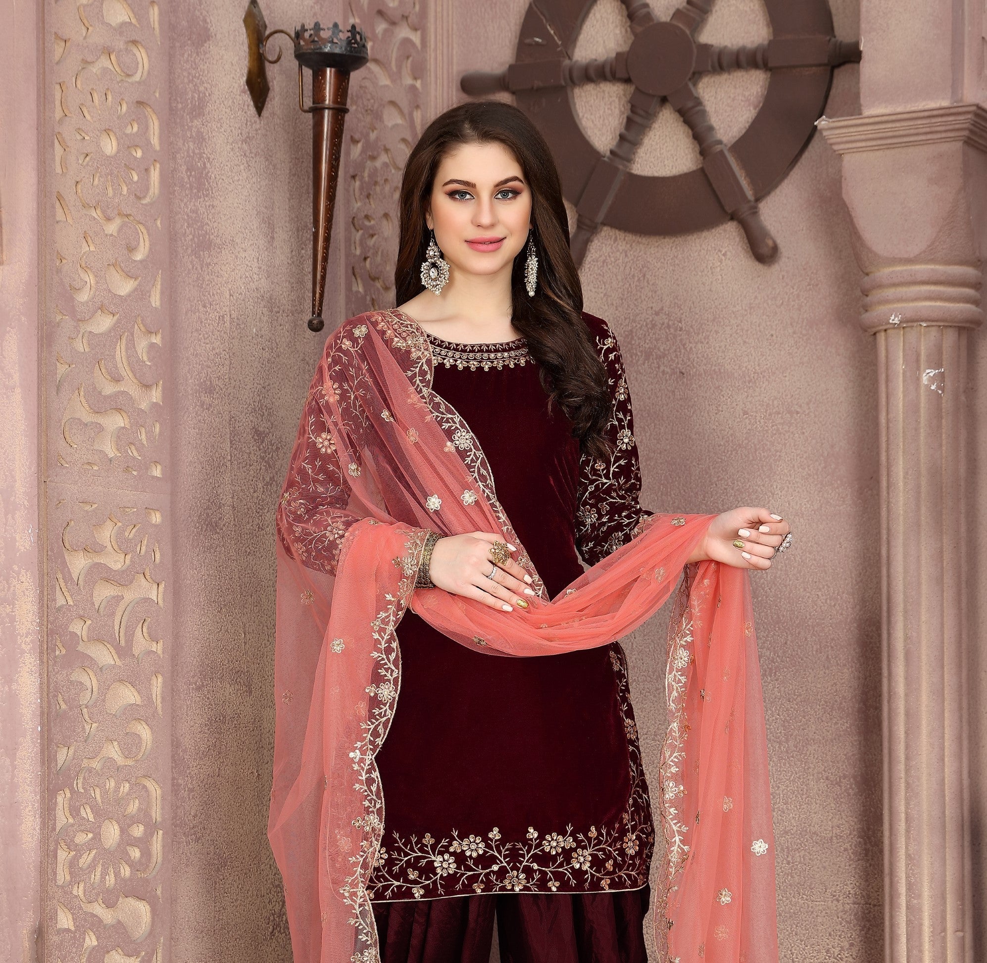 Anaita Maroon Embroidered Velvet Anarkali Suit - Distacart