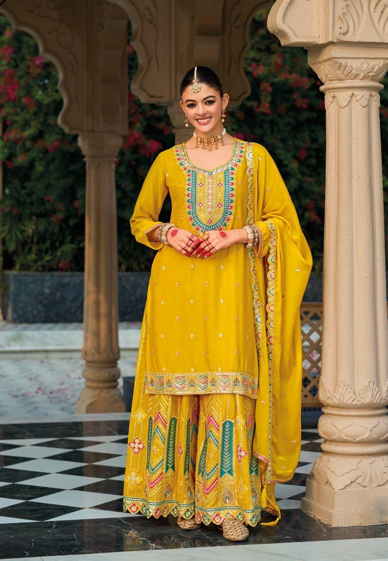 Anaita Yellow Premium Embroidered Chinon Readymade Salwar Suit - Distacart