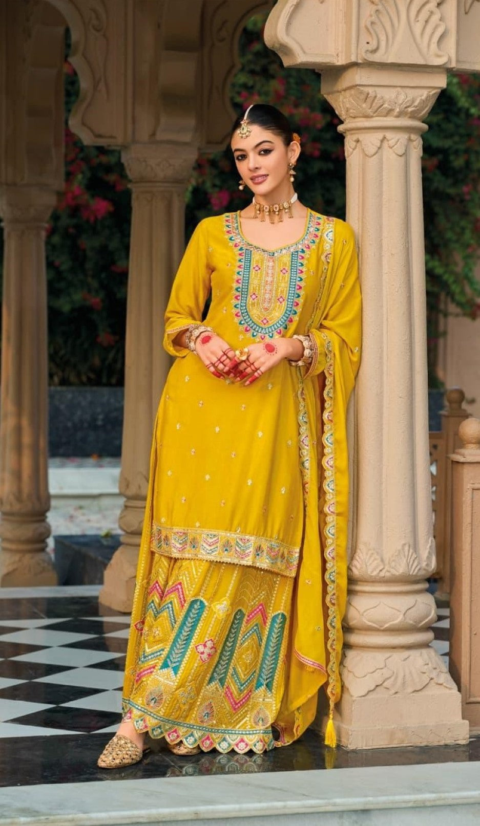 Anaita Yellow Premium Embroidered Chinon Readymade Salwar Suit - Distacart