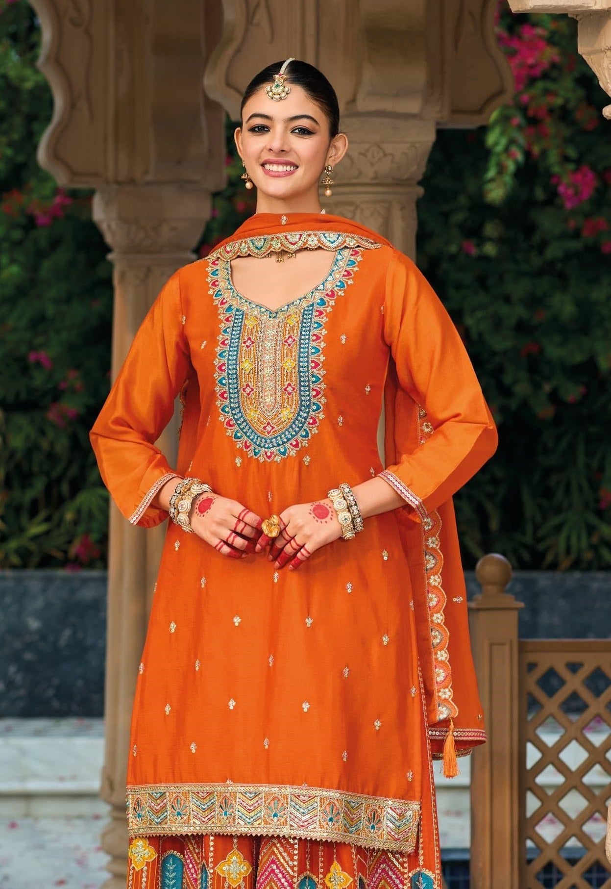 Anaita Orange Premium Embroidered Chinon Readymade Salwar Suit - Distacart