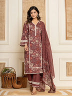 Yufta Maroon Floral Print Cotton Straight Style Kurta And Trouser With Dupatta
