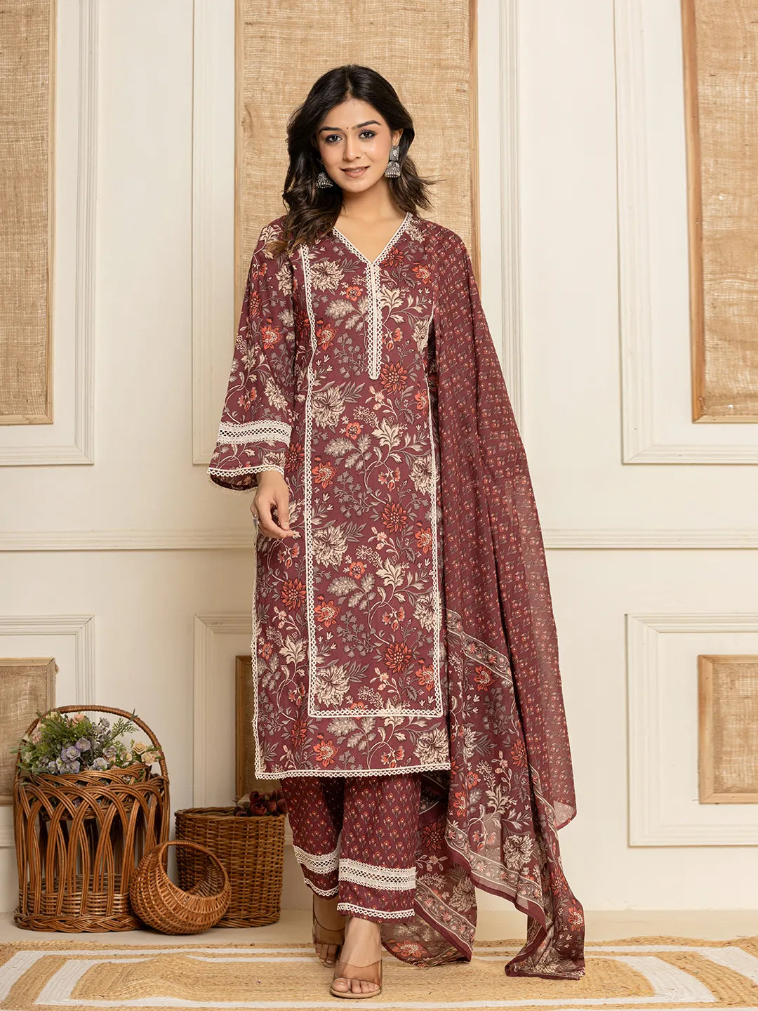 Yufta Maroon Floral Print Cotton Straight Style Kurta And Trouser With Dupatta