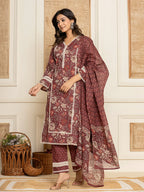 Yufta Maroon Floral Print Cotton Straight Style Kurta And Trouser With Dupatta