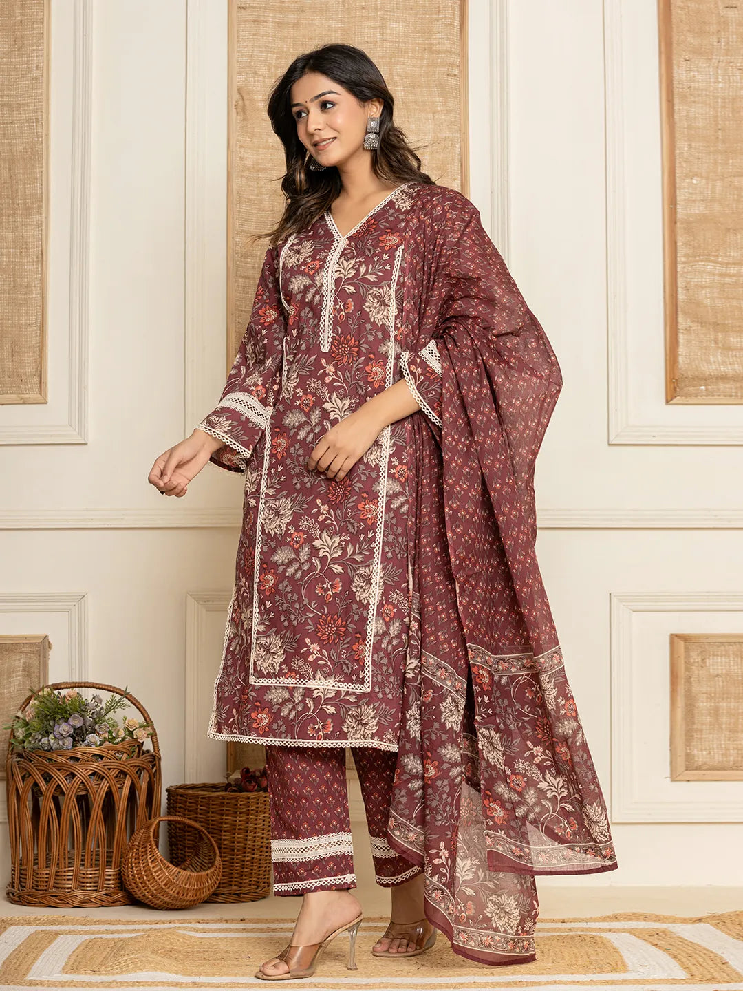 Yufta Maroon Floral Print Cotton Straight Style Kurta And Trouser With Dupatta