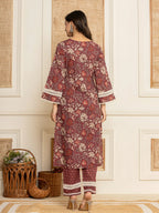 Yufta Maroon Floral Print Cotton Straight Style Kurta And Trouser With Dupatta