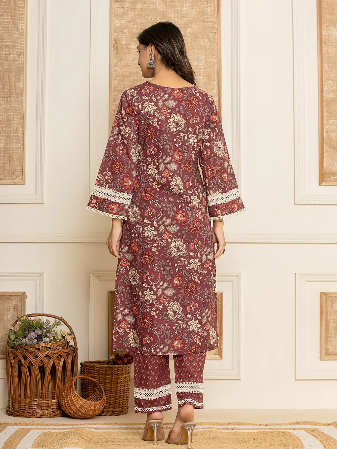 Yufta Maroon Floral Print Cotton Straight Style Kurta And Trouser With Dupatta
